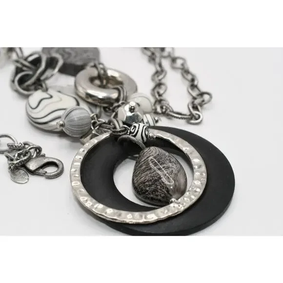 Chico's Statement Necklace Black White Lucite Wood Ring Silver Tone - Picture 11 of 11